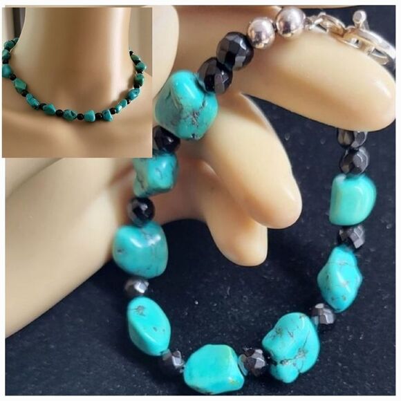 Del Sol 2 Piece Necklace & Bracelet Set Turquoise Nugget w/ Black Beads - Picture 1 of 8